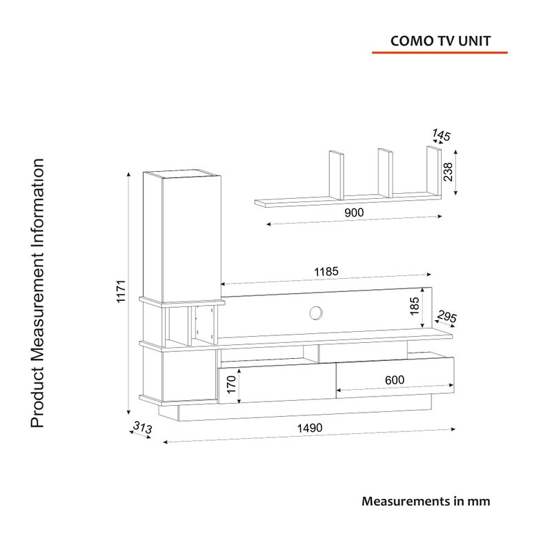 Home Canvas وحدة تلفاز هوم كانفاس كومو مع رفوف حائط وتخزين - أبيض وكوردوبا | حامل تلفاز عصري | يصلح لتلفاز حتى 55 بوصة - Image 3